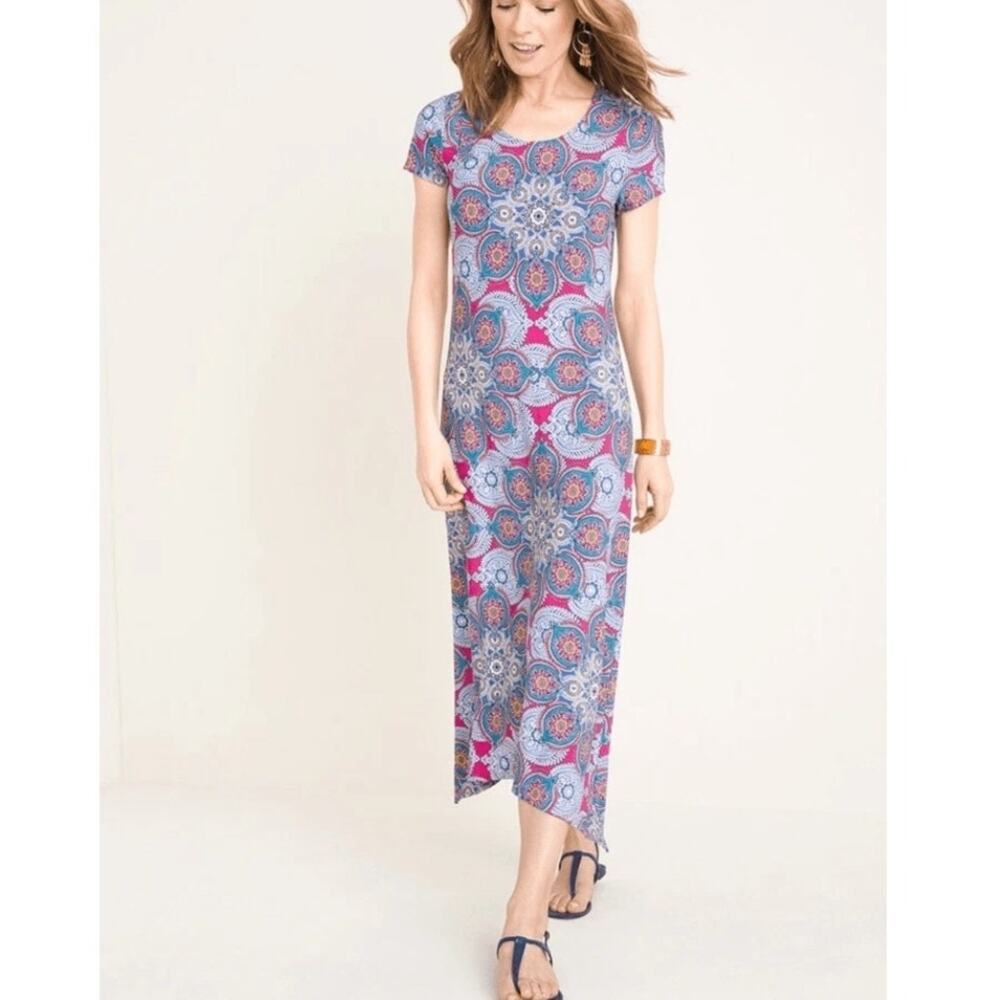 Chico's Medallion Clusters Multi Asymmetrical Hem Midi Dress Size 12/14 NWT